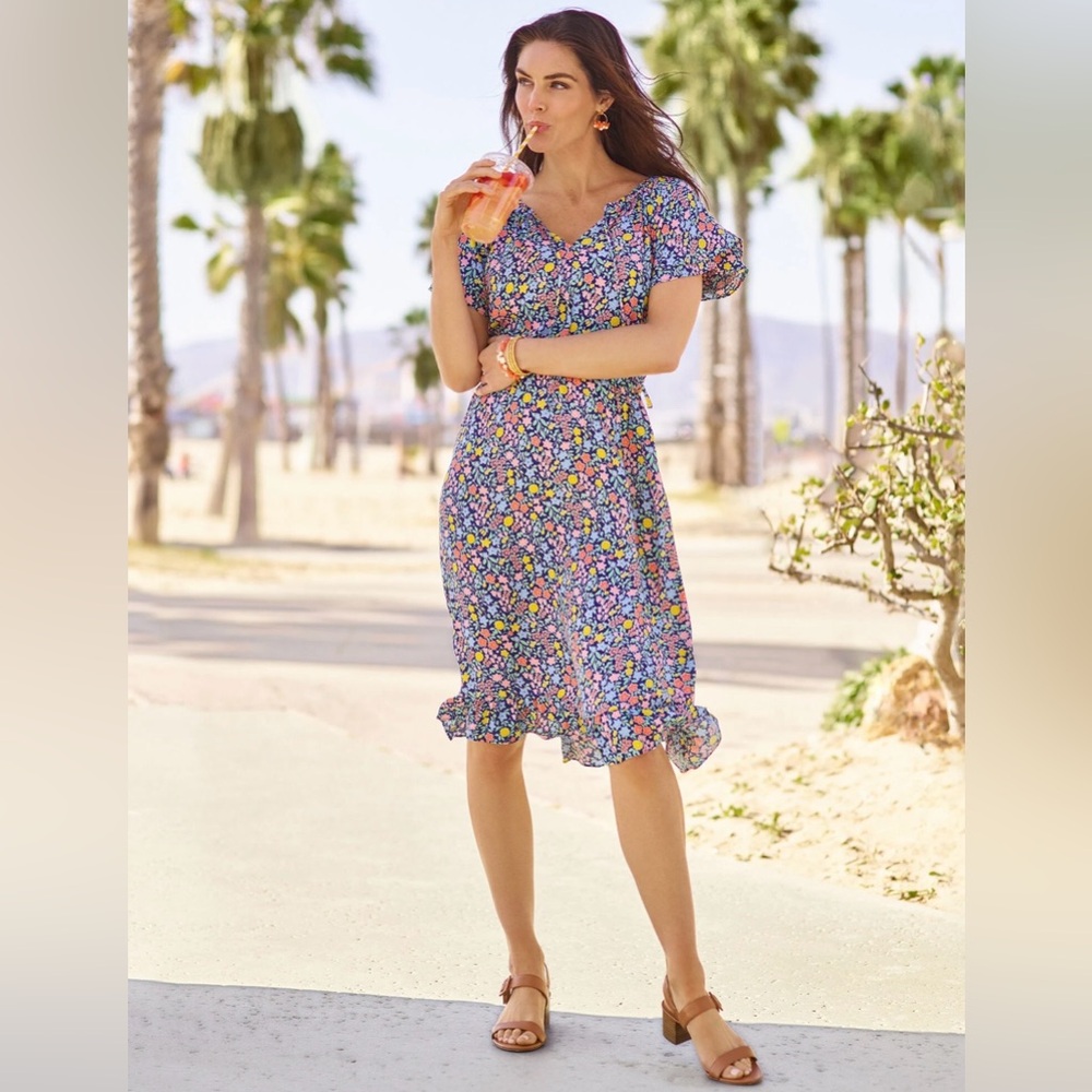 Talbots Blue Floral Dress with Yellow and Pink Accents sz 14 NWOT